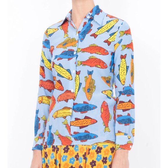 NWT LHD Star Island Blouse Shirt Silk Blue Corsican Trout Print Fish Colorful 4 - Picture 2 of 12